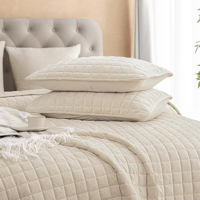 PHF Luxurious Velvet Quilt Set Queen Size – 3PCS Super Soft Quilted Comforter Alternative with Square-Box Quilt Pattern, Warm Quilted Bedspread Coverlet, 90" x 92", Sand