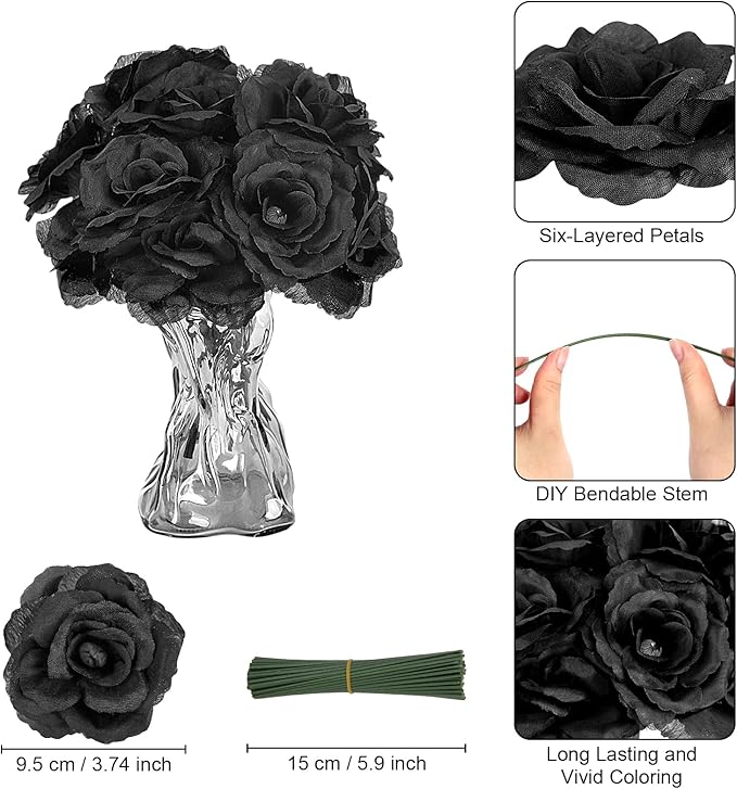 LELEE Rose Head Flowers with Stem - 108pcs Black Roses Artificial Flowers Bulk - Silk Rose Fake Flower for Bridal Gothic Wedding Bouquet Party Home Decor DIY Centerpieces Hotel Decorations