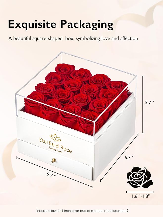 Eterfield Forever Flowers Preserved Roses Real Roses That Last Over a Year Rose Box Gifts for Her Mothers Day Valentines Day Christmas (Square White Box with Drawer, 16 Red Roses)