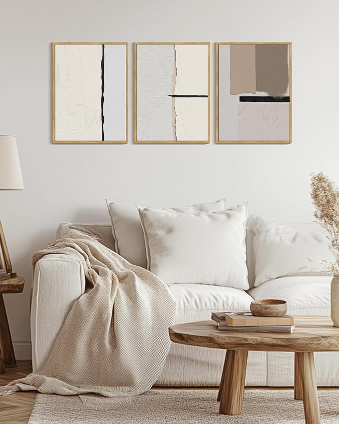 PHOPAGO Neutral Abstract Framed Wall Art Beige Mid Century Textured Wall Decor Minimalist Modern Illustrations Prints for Ding Room Bedroom Decor - 12x16in Natural Framed