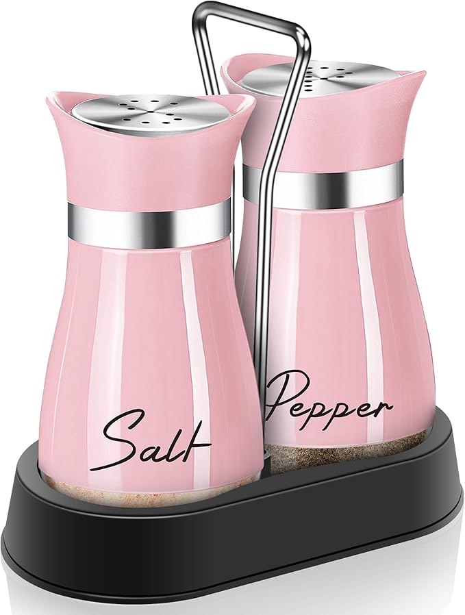 Pink Salt and Pepper Shakers Set with Holder,4 oz Kitchen Decor and Accessories Home Essentials Cute Household Items for Mother's Day Housewarming Gift Refillable Design (Pink)
