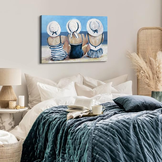 Vintage Beach Wall Art Coastal Bathroom Decor for Girl Navy Blue and White Tropical Ocean Seascape Canvas Prints Picture Retro Swimsuit Woman Nautical Artwork for Living Room Bedroom Decoration 24x36"
