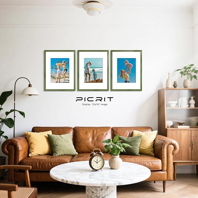 Picrit 12x16 Picture Frame Set of 12, Display 8.5x11 with Mat or 12x16 without Mat, Photo Frames for Wall Mounting Display, Green Wood Grain