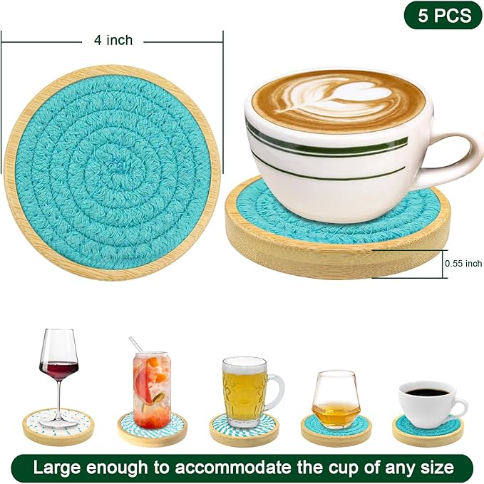 Eykao Bamboo Coasters for Drinks, Absorbent Coaster Sets of 5, Woven Drink Coasters for Coffee Table, Housewarming Gift for Farmhouse Home Decor,4 inches (Lake Blue Series)