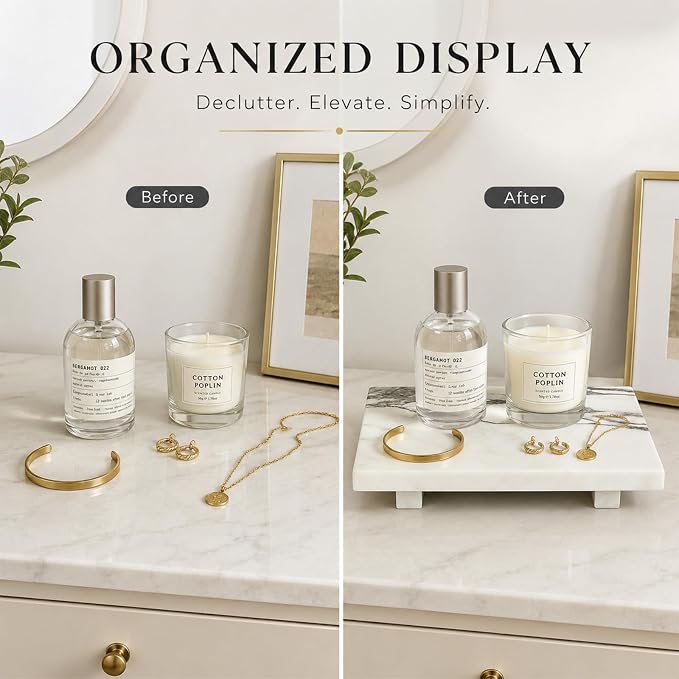 White Marble Pedestal Stand for Vanity & Bathroom | 9.84 Inch Decorative Riser for Perfume, Candle, Jewelry, Dresser and Shelf Decor