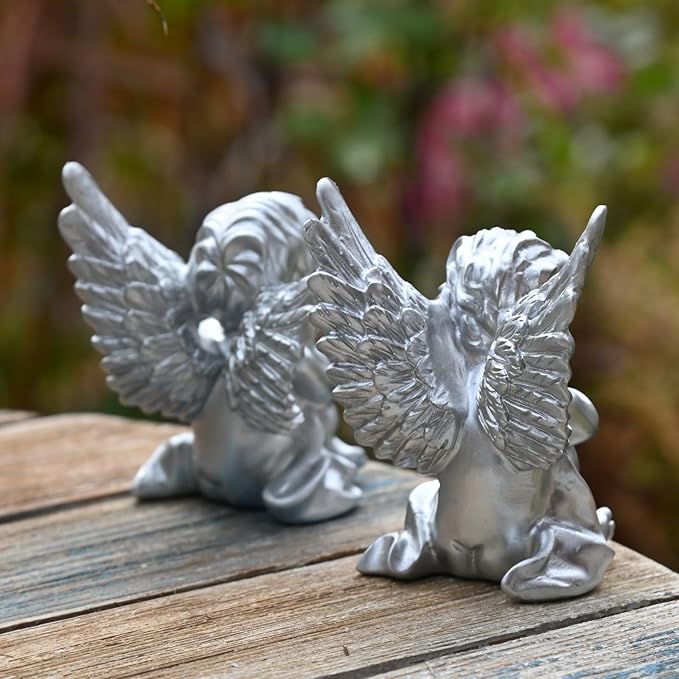 OwMell Set of 2 Cherubs Angels Resin Statue Figurine, Indoor Home Decoration, Adorable Angel Sculpture Memorial Statue 4" - Silver