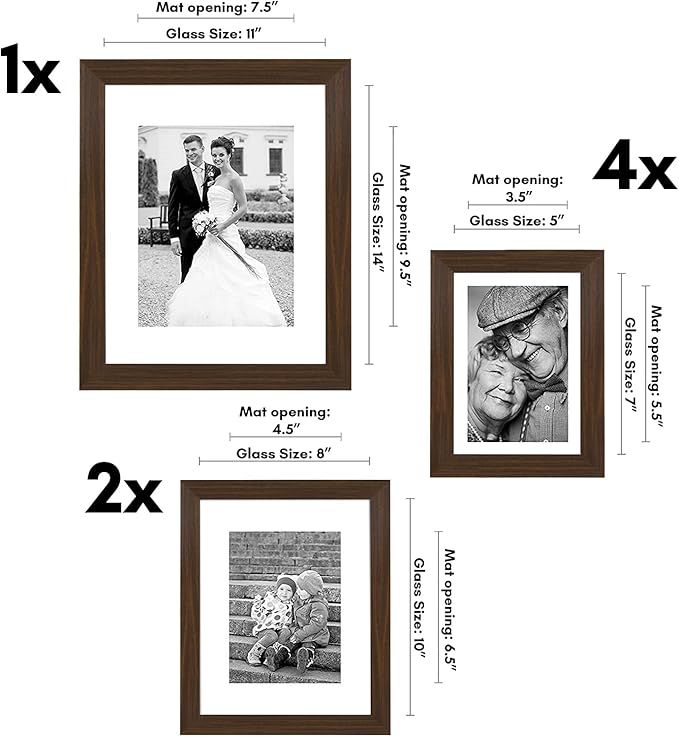 Americanflat Set of 7 Picture Frames with Shatter-Resistant Glass - Gallery Wall Frame Set with One 11x14, Two 8x10 and Four 5x7 Frames - Signature Collection - Walnut