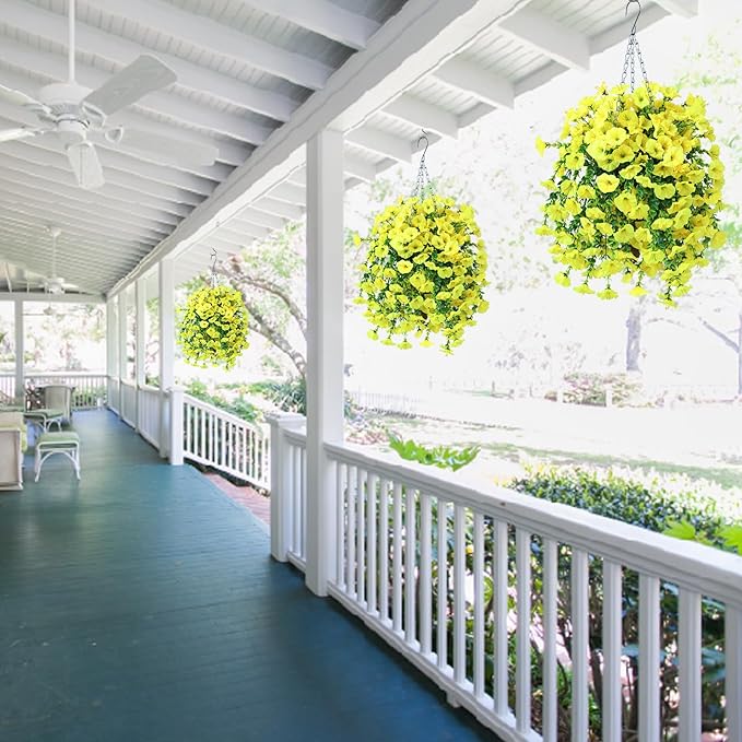 Ivydale 2 PCS Artificial Hanging Flowers Fake Plants Outdoor,Silk Morning Glory Faux Flowers with Eucalyptus Leaves,UV Resistant Realistic Hanging Petunias Plants for Home Garden Decor (Yellow)