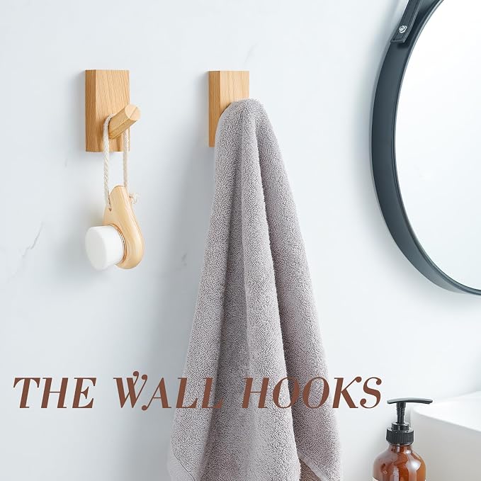 Felidio Natural Wooden Wall Hooks, Adhesive & Screw Mount Coat and Towel Hooks - Decorative Key Holder, Hat Rack, Stocking Wall Hangers for Bathroom Entryway Closet - 4 Pack, Beech Wood