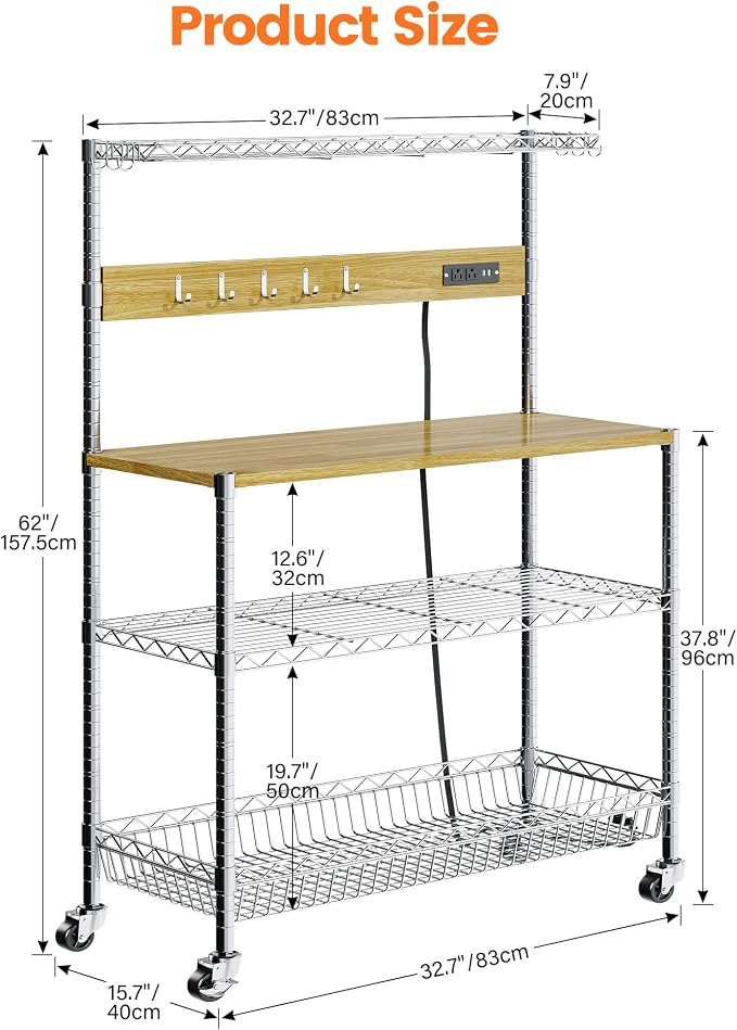Bakers Rack with Power Outlet & Storage, 33 Inch Microwave Stand Kitchen Shelf Storage Rack, Coffee Bar Cart with Wheels & Hooks, 4-Tier Metal Kitchen Shelves Cart, Chrome