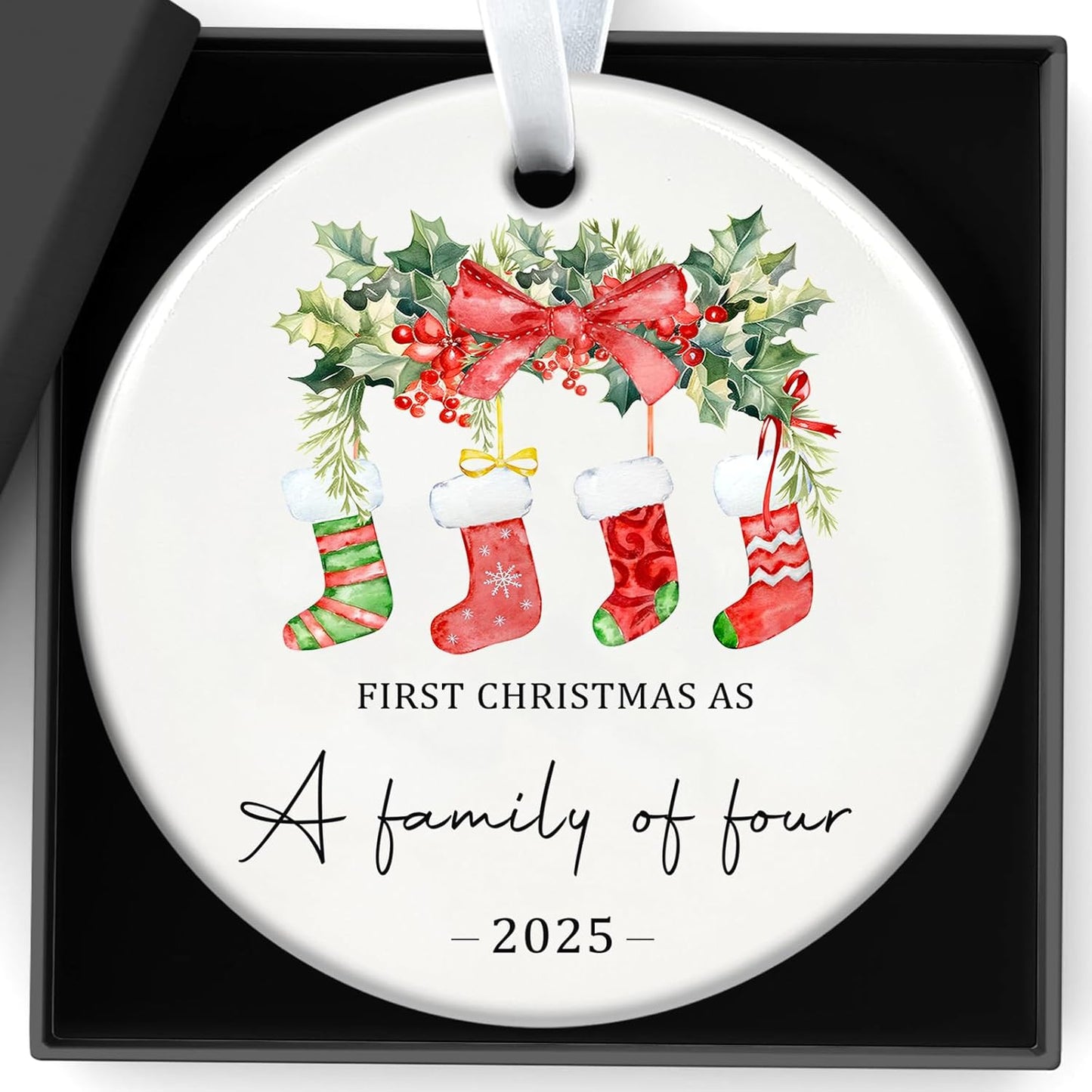 Christmas Ornaments, 3 Inch Ceramic Our First Christmas As a Family of Four 2025 Ornament Personalized New Parents Gifts for Couples Baby First Xmas Hanging Decor for Family of Four