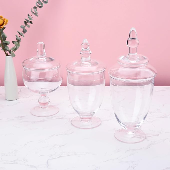 Glass Apothecary Jars with Lids, Small Storage Containers, Set of 3 Wide Mouth Storage Candy Jar Decorative Candy Buffet Organizer Canisters Elegant Kitchen