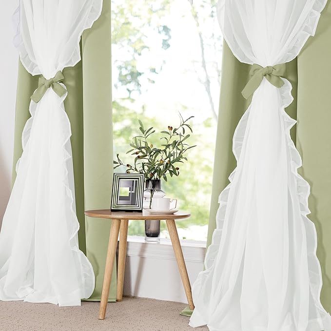 PONY DANCE Blackout Curtains for Whimsical Forest Teen Room，Double Layer Drapes Ruffle Sheer Overlay Farmhouse Rustic Design, W 52 x L 84 Inches, Meadow Green, 2 Panels