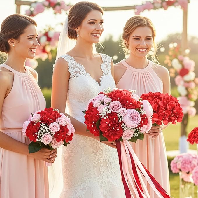 Auihiay 64pcs Hydrangea Artificial Flowers, Red Fake Hydrangea Flowers with Stems, Artificial Hydrangea Flowers for Wedding Centerpieces, Home Garden Party Decoration (Red)