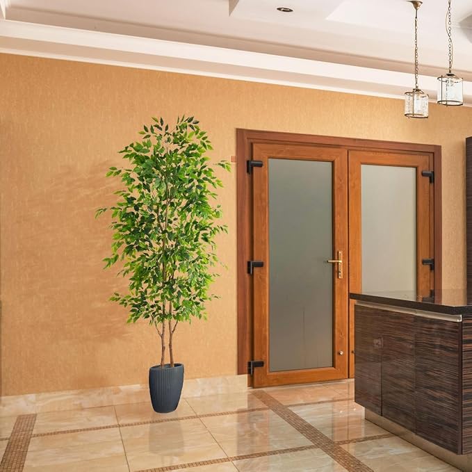 Warmplants 8ft Artificial Ficus Tree, 96” Realistic Ficus Leaves Large Fake Plant with Basket, Indoor Outdoor Potted Faux Tree for Home Garden Office House Livingroom Décor