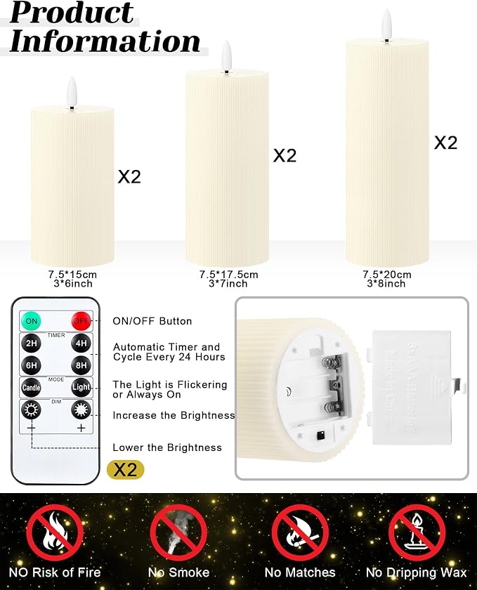 VIHOSE 6 Pack Lvory White Flameless Candles Set with Remote and Timer Flickering Flameless Battery Candles Flat Top LED Pillar for Wedding Outdoor Festival Decoration(Striped, D 3'' H 6'' 7'' 8'')