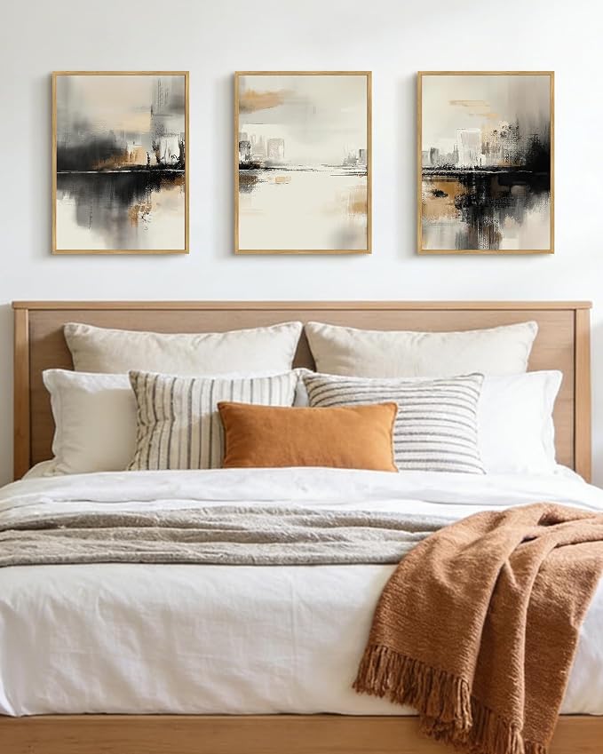 PHOPAGO Black Gray Abstract Landscape Framed Wall Art Brown Tan Neutral Wall Decor Minimalist Modern Illustrations Prints Bedroom Home Decor - 12x16in Natural Framed
