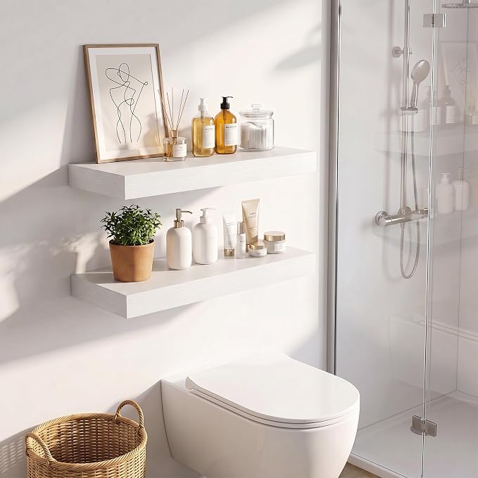 Vivelove Wall Floating Shelves for Display with Invisible Brackets, 24 Inch Floating Shelves for Bedroom Bathroom Living Room Kitchen Office, 24”X 8" X 1.4", Set of 2 - White
