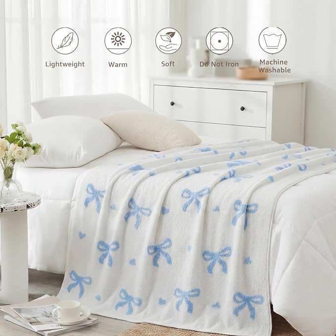 WRENSONGE Soft Throw Blanket for Couch-Cozy Reversible Knitted Blankets | Lightweight Warm Fluffy Decor for Women, Mom, Her & Girls, Sofa, Chair, Bed, 50x60in,Bubble Bowknot Blue