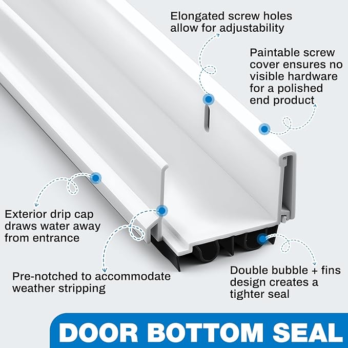 FoldTier 2 Pcs 1-3/4 x 32 Adjustable Double Bubble Door Sweep Bottom of Door, Under Doors Seal for Exterior Doors, Energy Efficient Draft Stopper, Slide to Install, Blocks Dust/Insects/Noise(White)