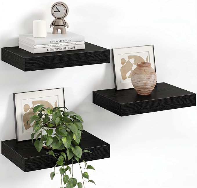 Fun Memories 12 Inch Floating Shelves for Wall Set of 3, Wood Grain Bathroom Shelves with Invisible Brackets, Easy Install Wood Storage Shelves for Kitchen, Living Room, Bedroom, Black