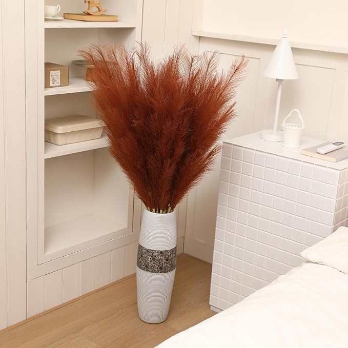 Wertuirk Burnt Orange Pampas Grass, 8 Pcs 45 Inch Tall Large Faux Pompous Grass, Long Artificial Flowers for Floor Vase, Wedding, Party, Baby Shower, Farmhouse and Fall Decor (Burnt Orange)