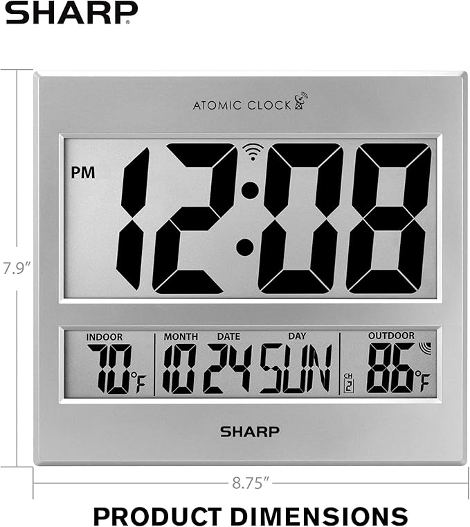 Sharp Atomic Clock - Atomic Accuracy - Never Needs Setting! -Silver Tech Style - Jumbo 3" Easy to Read Numbers - Indoor/Outdoor Temperature Display with Wireless Outdoor Sensor - Easy Set-Up!
