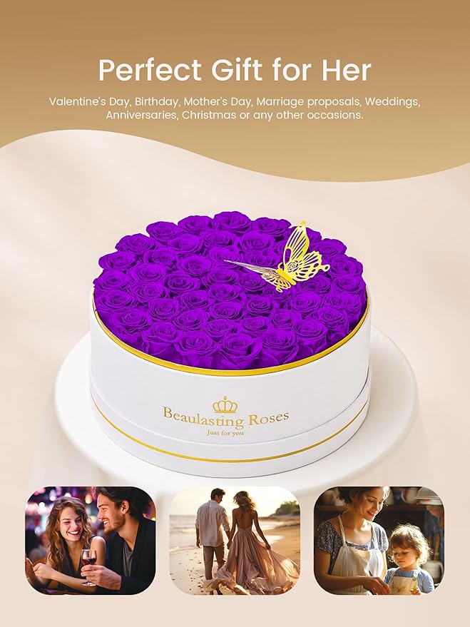47 Preserved Roses Forever Flowers Real Roses in a Box Mother's Day Birthday Flowers for Her Mom Women Wife Valentine's Day, Purple Roses