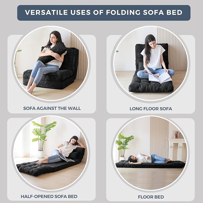MAXYOYO Folding Sofa Bed, Tufted Bean Bag Bed with Pillows Floor Couch for Adults, Extra Thick and Long Floor Sofa, Single Couch for Bedroom Living Room, Black, 30x91 Inch