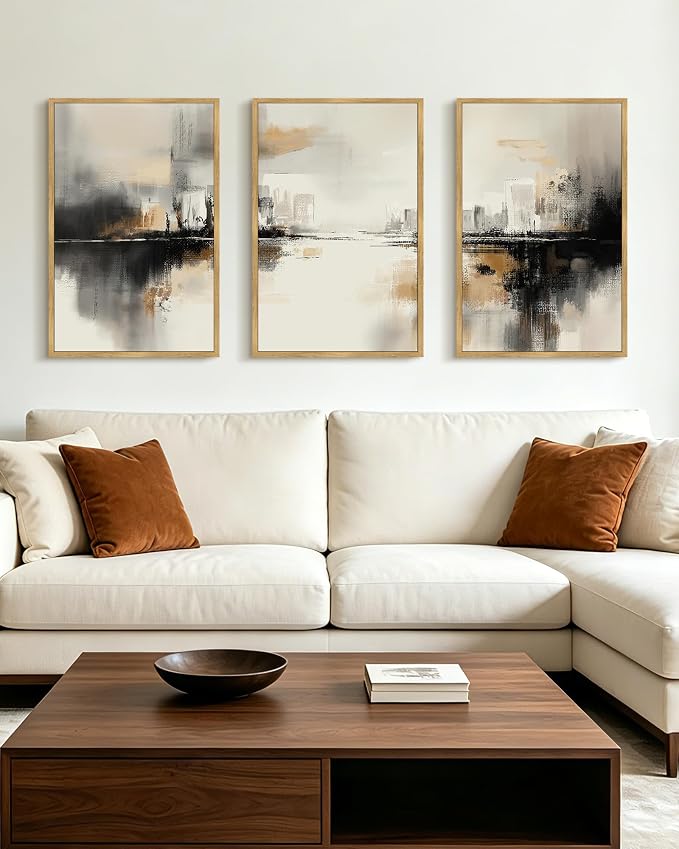 PHOPAGO Black Gray Abstract Landscape Framed Wall Art Large 16x24in Brown Tan Neutral Wall Decor Minimalist Modern Illustrations Prints Bedroom Home Decor - Natural Framed