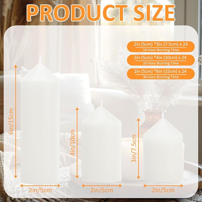 72 Pcs White Pillar Candles Bulk Set: 2-Inch Wide in 3 Heights (3, 4, 6 Inch). Dripless Unscented Smokeless Hurricane Candles for Wedding, Party, Event Decor to Create Warm Elegant Atmosphere.