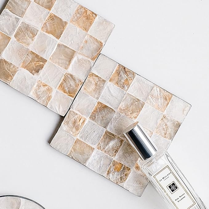 6 Pack Mother of Pearl Squre Coasters with Holder, Seashell Inlay Square Cup Holders with Organizer, Decorative Coasters Capiz Shell Trivet for Coffee Table, 5", I-lan (Mosaic)