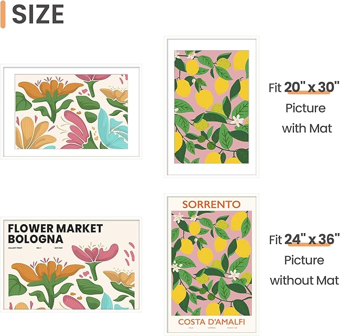 upsimples 24x36 Poster Frame, Display Pictures 20x30 with Mat or 24x36 Without Mat, Wall Hanging Picture Frame, White, 1 Pack