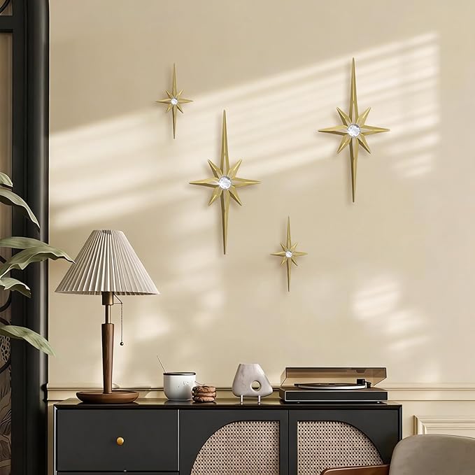 sxnzequnze 4 Pack Metal Star Wall Art 8 Pointed Starburst Wall Decor Set with 2 Large & 2 Small Pieces Mid Century Celestial Metal Wall Sculpture for Bedroom Living Room Office Gallery Wall