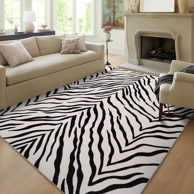 YIHOUSE Washable Area Rugs 5'x7', Black and Beige Modern Zebra Rug for Living Room, Bedroom, Ultra Thin Animal Stripe Print Rug for Girls Boys Nursery, Playroom, Dorm Room