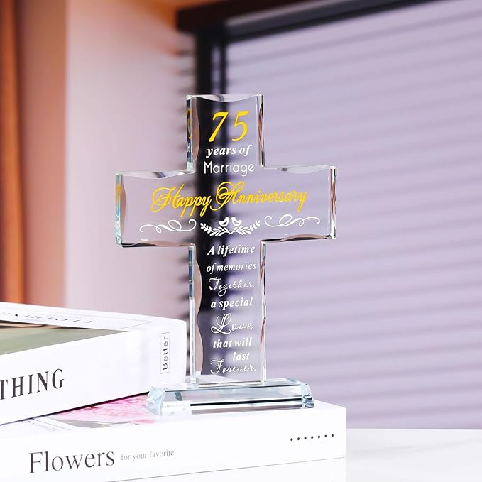 YWHL 75th Anniversary Cross Gifts for Parents Grandparents, Laser Carved 75 Years of Marriage Cross Decoration, 75 Years Wedding Anniversary Keepsake for Couple
