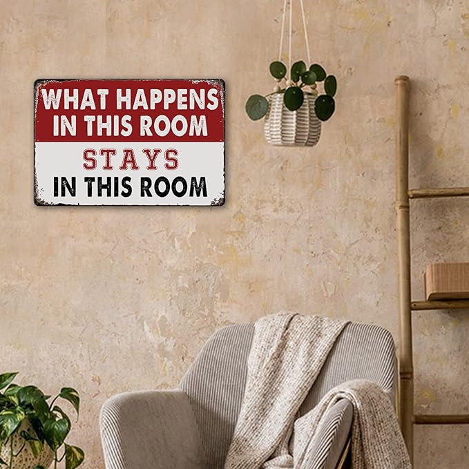 Room Signs Man Cave Wall Decor For Men Funny Metal Tin Bedroom Sign What Happens In This Room Stays In This Room Signs Vintage Dorm Door Decorations For Guys Mens Room Accessories And Signs Women Gift 8 X 12 In