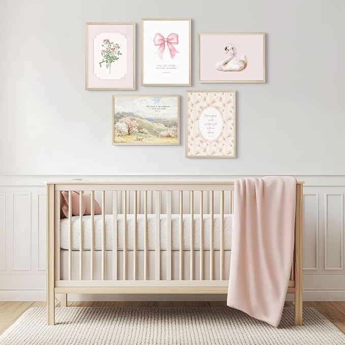 Nursery Christian Wall Art Bible Verses Canvas Wall Decor Baby Girl Room Poster Vintage Pink Nursery Prints Decor Floral Bow Swan Artwork Jesus Scripture Picture for Bedroom 8x10x5 Inch Wood Framed