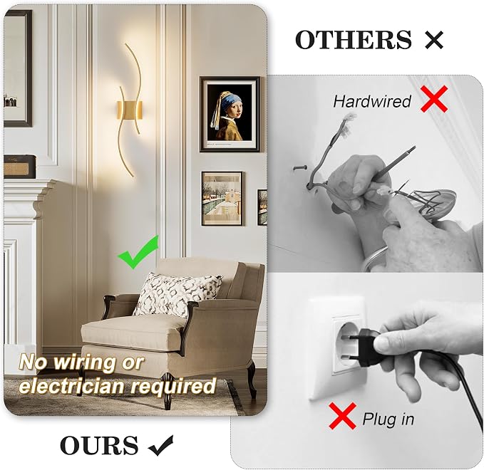 KARTOOSH Battery Operated Wall Sconce with Remote Control, Stepless Colors 3000K-6000K & Dimming, LED Gold Wireless Wall Light for Living Room, Hallway, Bedroom, 27.5 Inch (1 Pack)