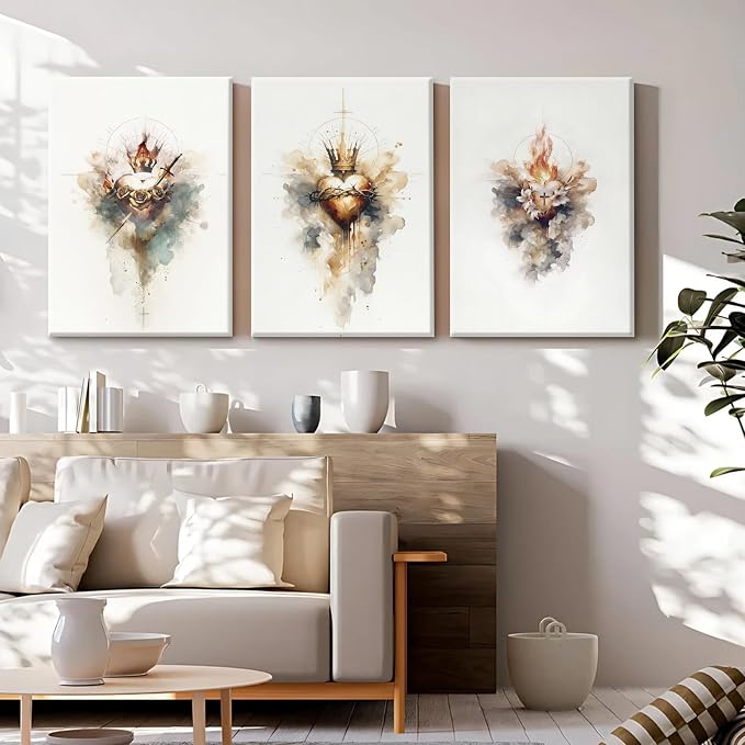 Jesus Canvas Wall Art Sacred heart of Jesus Pictures Christian Wall Decor Catholic Poster Religious Wall Art Heart of Mary and Joseph Painting Divine Mercy Prints for Bedroom 16x24 Inch Ready to Hang