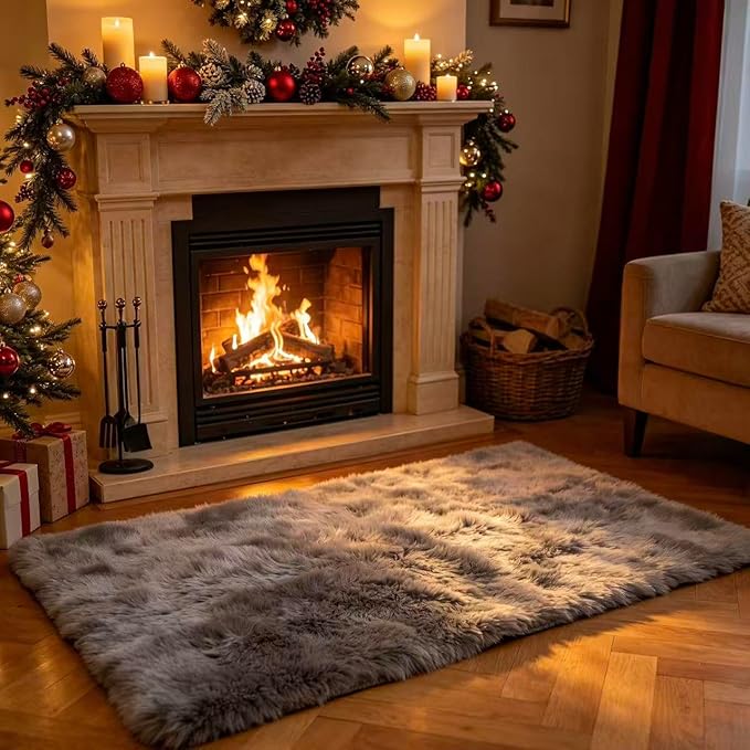 Faux Fur Rug Grey Sheepskin Area Rug,Ultra Soft 4x6 ft Rectangular Shaggy Plush Rug for Bedroom Sofa Floor Bedside Living Room Kids Room