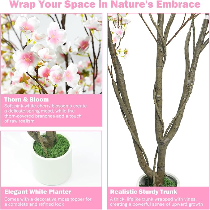 Caxchiling Artificial Cherry Blossom Tree 6FT, Pink Faux Floor Tree | Ball-Shaped Pot with Moss Topper, Lifelike Faux Tree for Home Office, Living Room, Bedroom, Doorway and Hallway Decor