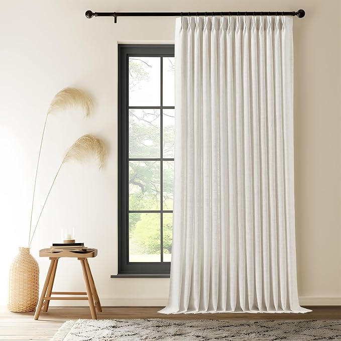 Extra Wide Pinch Pleated Linen Curtains for Living Room Sliding Glass Door 96 Inches Long, Natural Light Filtering Curtain Textured Thick Pleat Semi-Sheer Drapes with Hooks 70 Inch Width, 1 Panel