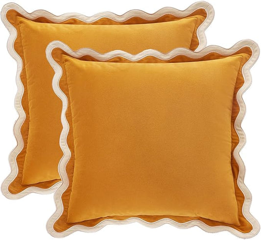 MONDAY MOOSE Decorative Throw Pillow Covers Cushion Cases, Set of 2 Soft Velvet Scalloped Wavy Edge Designs, Mix and Match for Home Decor, Pillow Inserts Not Included (20x20 inch, Cream/Honey)