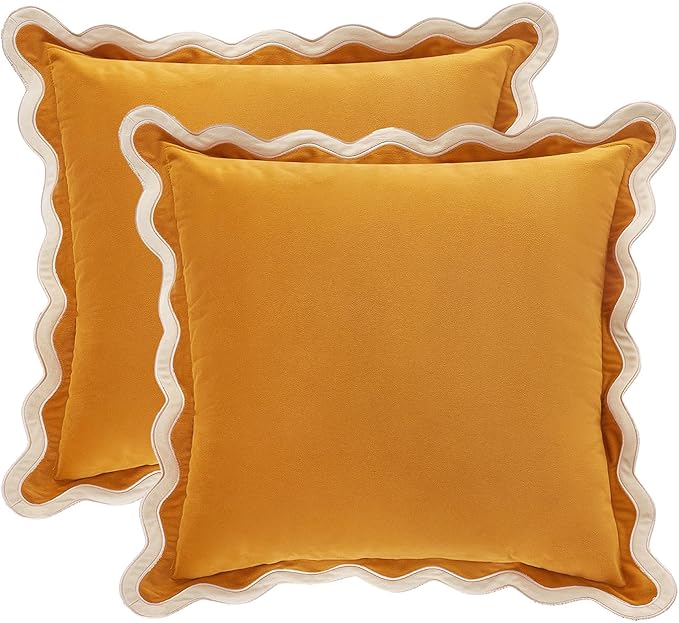 MONDAY MOOSE Decorative Throw Pillow Covers Cushion Cases, Set of 2 Soft Velvet Scalloped Wavy Edge Designs, Mix and Match for Home Decor, Pillow Inserts Not Included (18x18 inch, Cream/Honey)