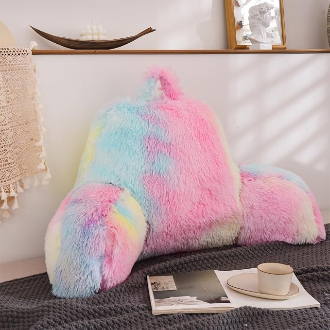 A Nice Night Faux Fur Reading Pillow Bed Wedge Large Adult Children Backrest with Arms Back Support for Sitting Up in Bed/Couch for Bedrest,YellowPink,More Large