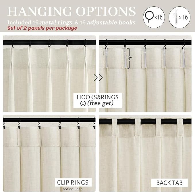 Custom Cream Light Filtering Floor to Ceiling Curtains 100 Inches Long for Room Divider, Memory Trained Pinch Pleated Thick Linen Blend Protect Privacy Curtain Semi Sheer Cottage Core Windows Drapes