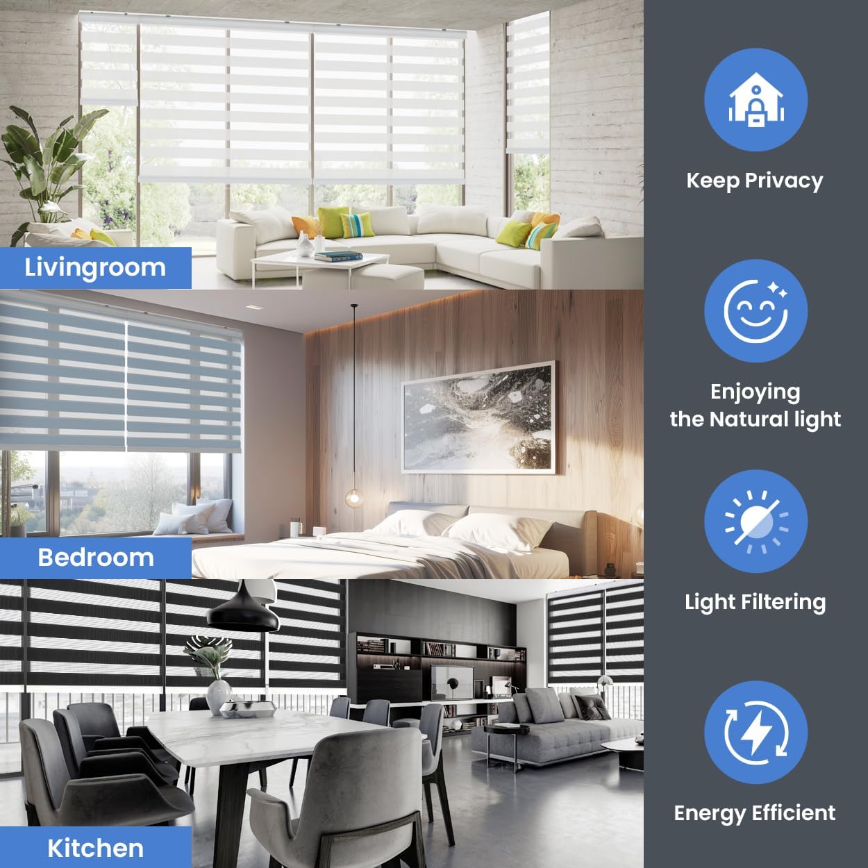 Foiresoft Standard Zebra Roller Blinds for Windows [W46 x H64 Inch, White, Basic], Light Filtering Dual Layer Shades for Bedroom, Living Room, Office, 13 Colors