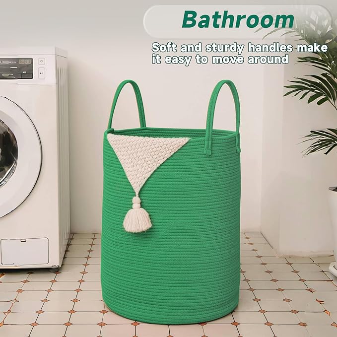 JMvicyroam Large Woven Laundry Basket Hamper,80L Cotton Rope Storage Bin for Blankets,Toys and Clothes,Decorative Tall Nursery Hamper for Living Room,Baby Nursery,Bathroom and Bedroom,Dark Green