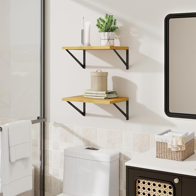 Acovy Deep Floating Shelves,16" Wx10 D Floating Shelves for Wall Set of 2,Heavy Duty Wood Floating Shelf with Metal Bracket,Wall Mounted Hanging Shelf for Living Room Bedroom Bathroom Kitchen,Oak
